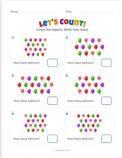 Count to 20 · Balloons · 6 questions worksheet