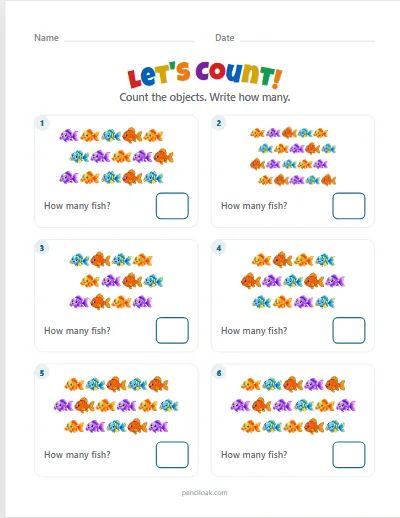 Count to 20 · Fish · 6 questions worksheet