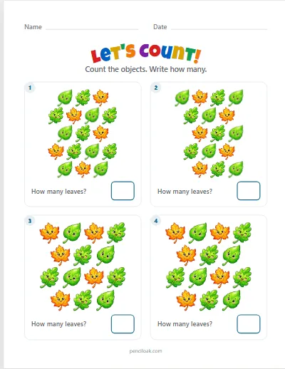 Count to 20 · Leaves · 4 questions worksheet