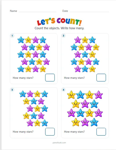 Count to 20 · Stars · 4 questions worksheet