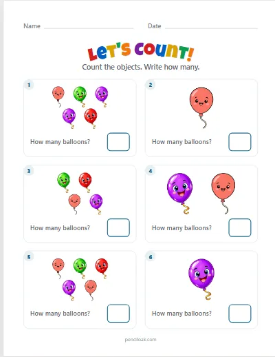 Count to 5 · Balloons · 6 questions worksheet