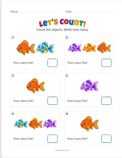 Count to 5 · Fish · 6 questions worksheet