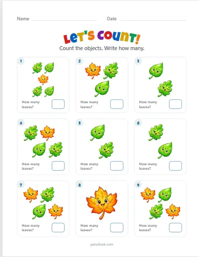 Count to 5 · Leaves · 9 questions worksheet