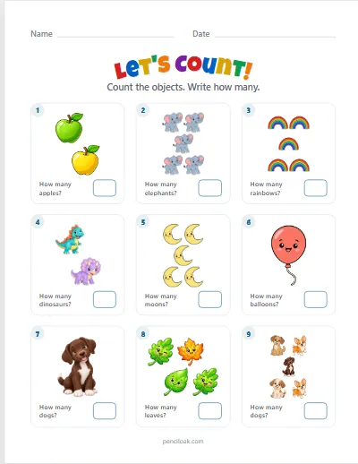 Count to 5 · Mixed objects · 9 questions worksheet