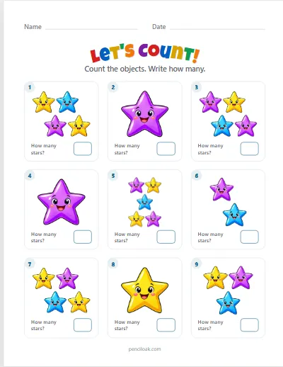 Count to 5 · Stars · 9 questions worksheet