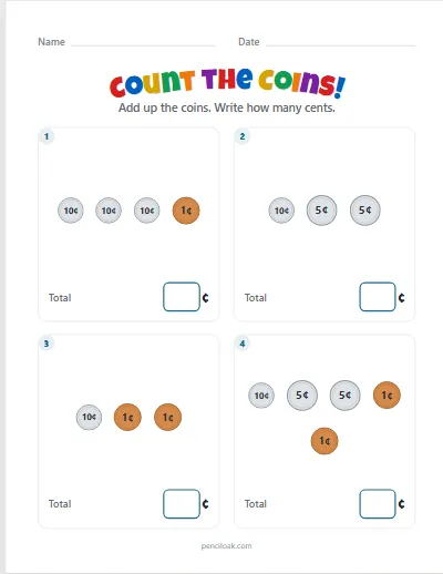 Counting coins · Up to dimes · 4 questions worksheet