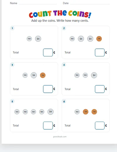 Counting coins · Up to dimes · 6 questions · set 2 worksheet