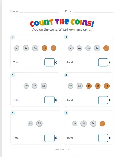 Counting coins · Up to dimes · 6 questions worksheet