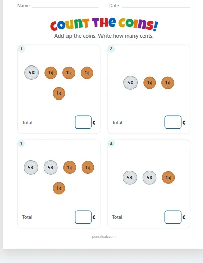 Counting coins · Pennies and nickels · 4 questions worksheet