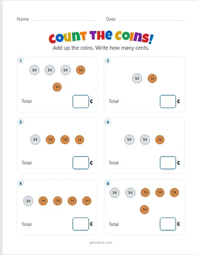 Counting coins · Pennies and nickels · 6 questions · set 2 worksheet