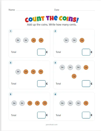 Counting coins · Pennies and nickels · 6 questions · set 3 worksheet