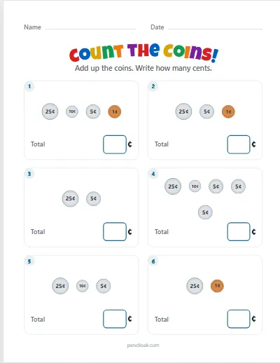 Counting coins · With quarters · 6 questions · set 2 worksheet