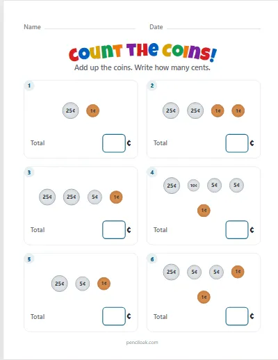 Counting coins · With quarters · 6 questions · set 3 worksheet