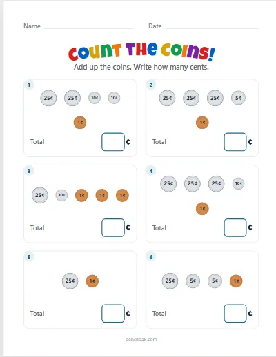 Counting coins · With quarters · 6 questions worksheet