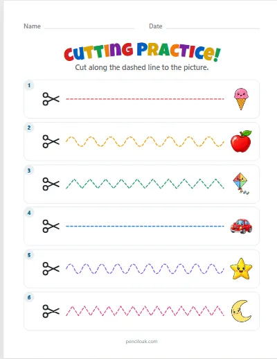 Cutting practice · Easy · 6 lines worksheet