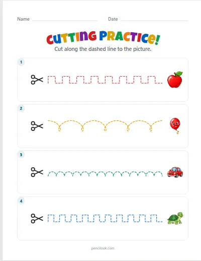 Cutting practice · Harder · 4 lines · set 2 worksheet