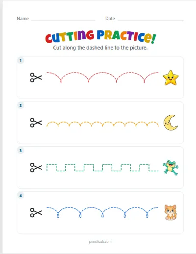 Cutting practice · Harder · 4 lines worksheet