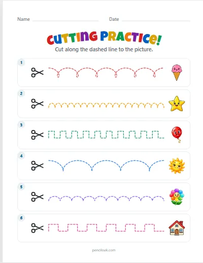 Cutting practice · Harder · 6 lines · set 2 worksheet