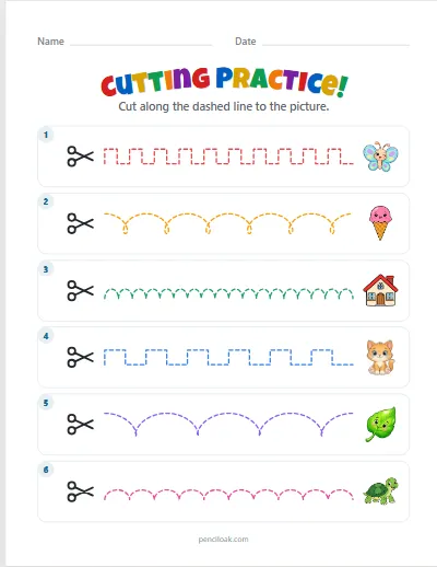 Cutting practice · Harder · 6 lines worksheet