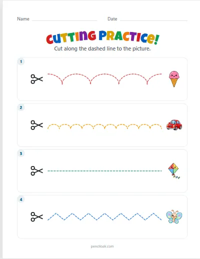 Cutting practice · Mixed · 4 lines worksheet