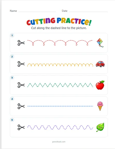 Cutting practice · Mixed · 5 lines worksheet