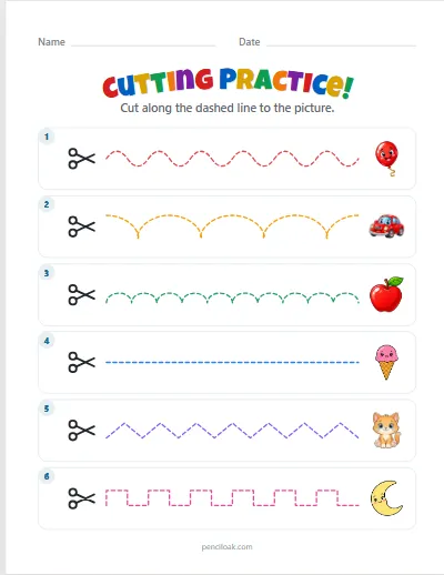 Cutting practice · Mixed · 6 lines · set 3 worksheet
