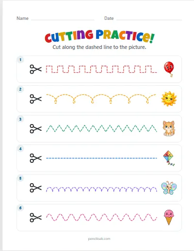 Cutting practice · Mixed · 6 lines worksheet