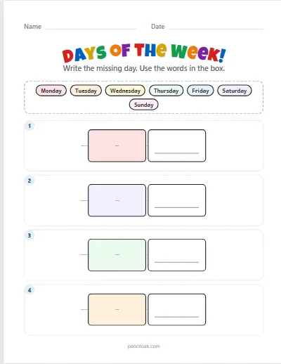 Days of the week · Before and after · 4 rows worksheet