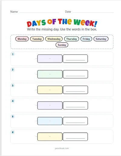 Days of the week · Before and after · 6 rows · set 2 worksheet