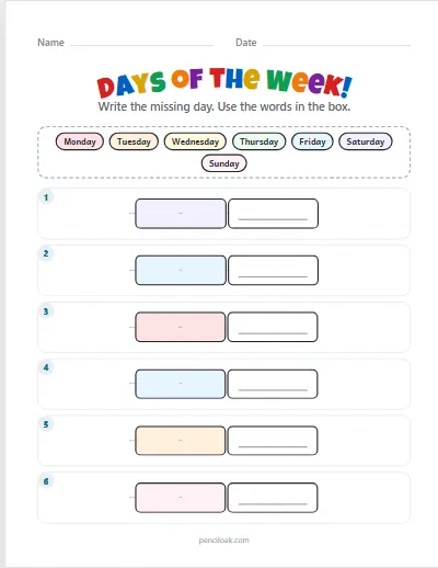 Days of the week · Before and after · 6 rows · set 3 worksheet