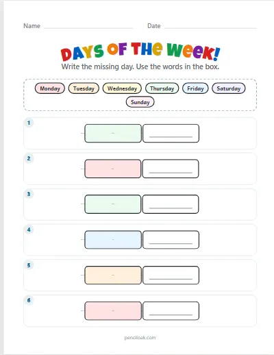 Days of the week · Before and after · 6 rows worksheet