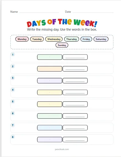 Days of the week · Before and after · 8 rows · set 2 worksheet