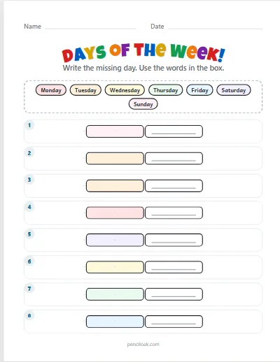 Days of the week · Before and after · 8 rows worksheet