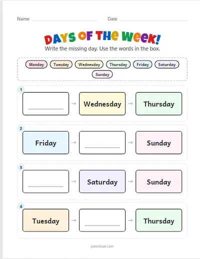 Days of the week · Missing day · 4 rows worksheet