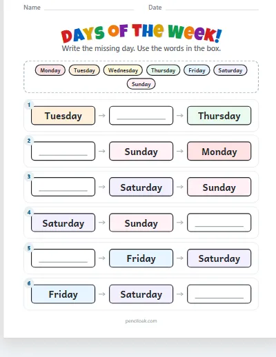 Days of the week · Missing day · 6 rows · set 2 worksheet