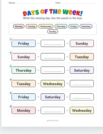 Days of the week · Missing day · 6 rows · set 3 worksheet