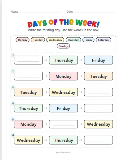 Days of the week · Missing day · 6 rows worksheet