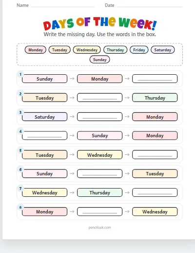 Days of the week · Missing day · 8 rows · set 2 worksheet