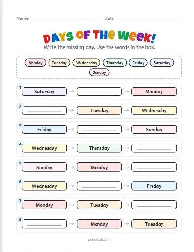 Days of the week · Missing day · 8 rows worksheet