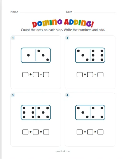 Domino adding · Up to 6 dots · 4 dominoes · set 2 worksheet