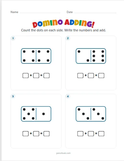 Domino adding · Up to 6 dots · 4 dominoes · set 3 worksheet