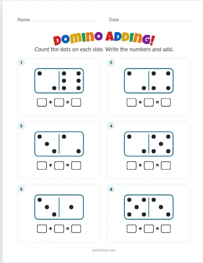 Domino adding · Up to 6 dots · 6 dominoes · set 2 worksheet