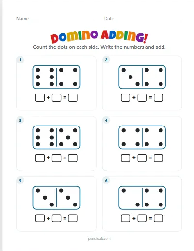 Domino adding · Up to 6 dots · 6 dominoes · set 3 worksheet