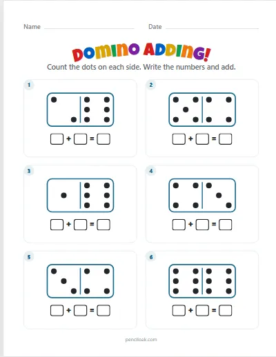 Domino adding · Up to 6 dots · 6 dominoes · set 4 worksheet