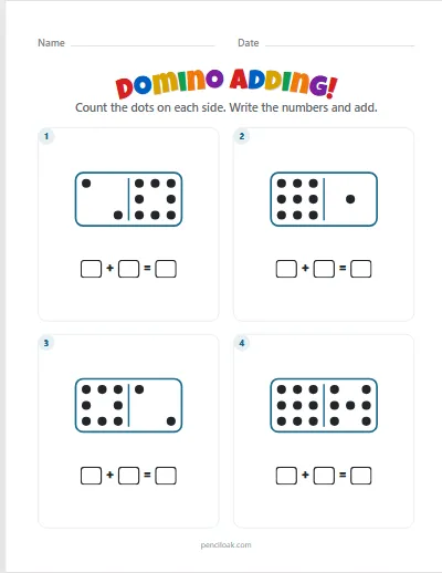 Domino adding · Up to 9 dots · 4 dominoes · set 2 worksheet