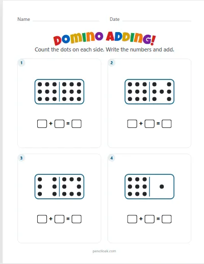 Domino adding · Up to 9 dots · 4 dominoes worksheet