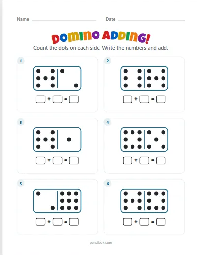 Domino adding · Up to 9 dots · 6 dominoes · set 2 worksheet