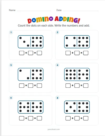Domino adding · Up to 9 dots · 6 dominoes · set 3 worksheet