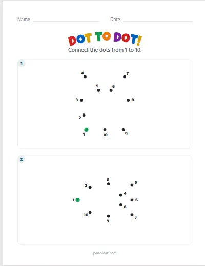 Dot to dot · 1 to 10 · 2 pictures · set 2 worksheet