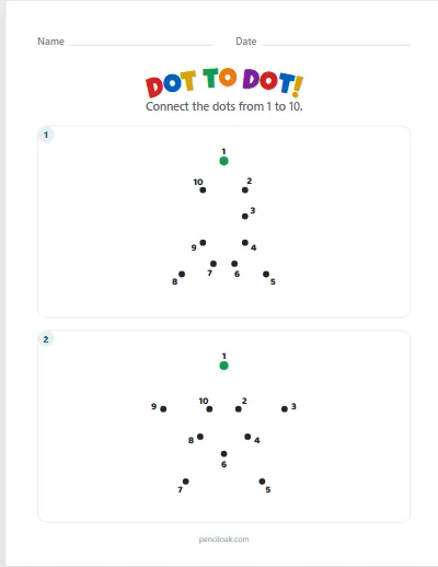 Dot to dot · 1 to 10 · 2 pictures worksheet